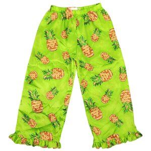 Women's Jonathan Martin Cropped Pineapple Pajama Pants Satin XS Green Ruffle Hem